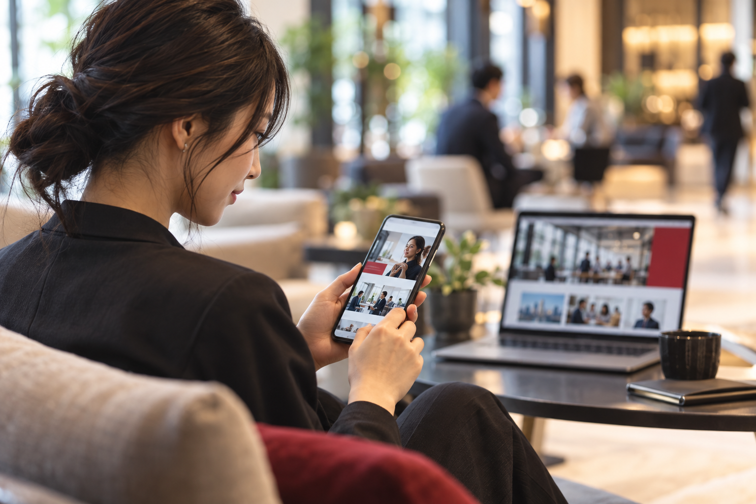 求職者がスマートフォンで企業情報を見る制作イメージ